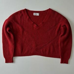 Poof Apparel Red V-Neck Crop Sweater, Ribbed Knit Pointelle Top, Medium
